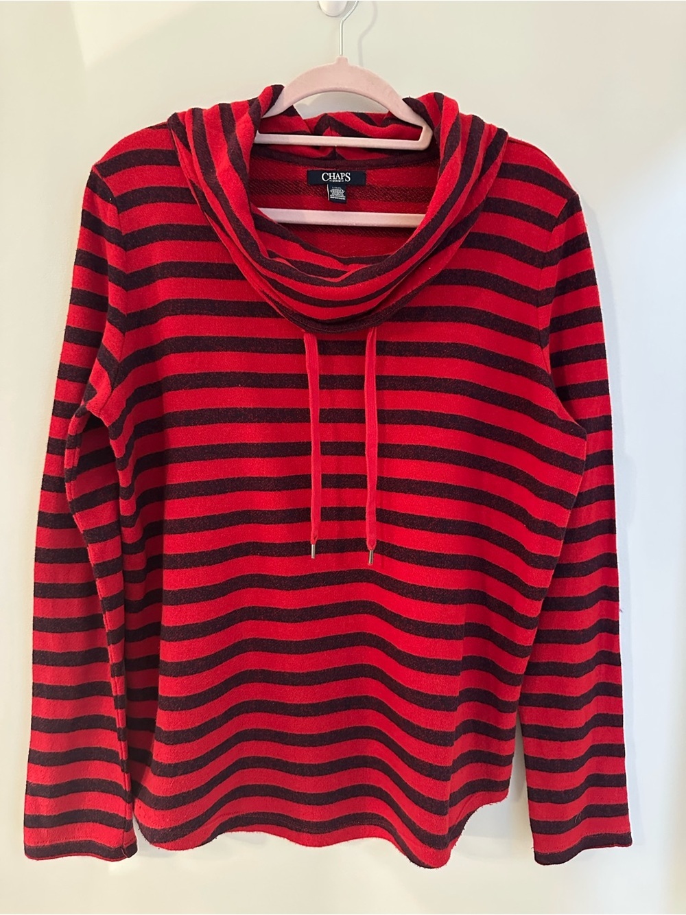 CHAPS Red & Black Striped Cowl Neck Hoodie Top Size L